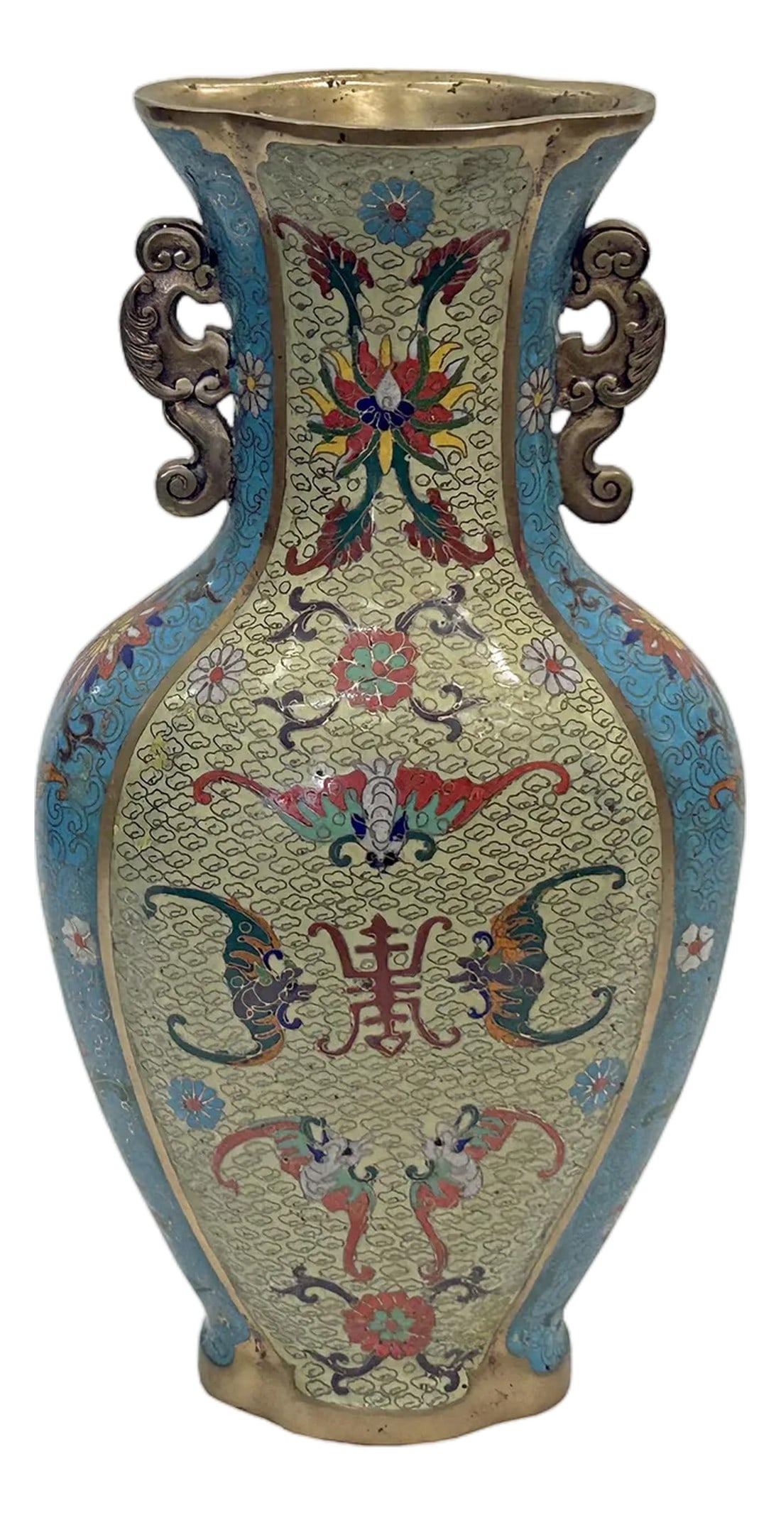 Vintage Cloisonné Vase Dragon Handles and Chinese Floral Motifs: Enhance your home decor with the timeless elegance of this exquisite Vintage Cloisonné Vase. Crafted with meticulous attention to detail, this vase features ancient Chinese dragon-shaped ear hand