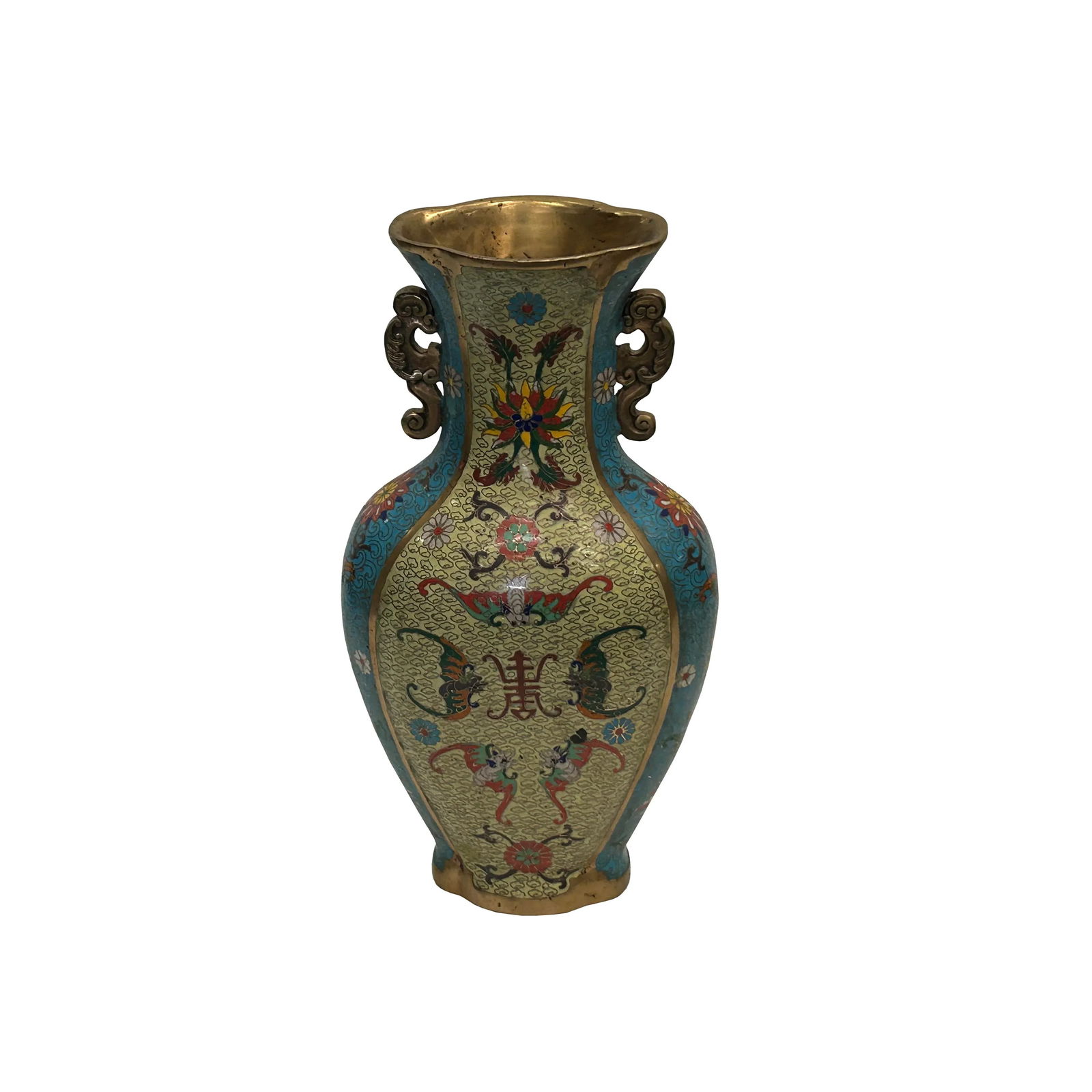 Vintage Cloisonné Vase Dragon Handles and Chinese Floral Motifs - 2