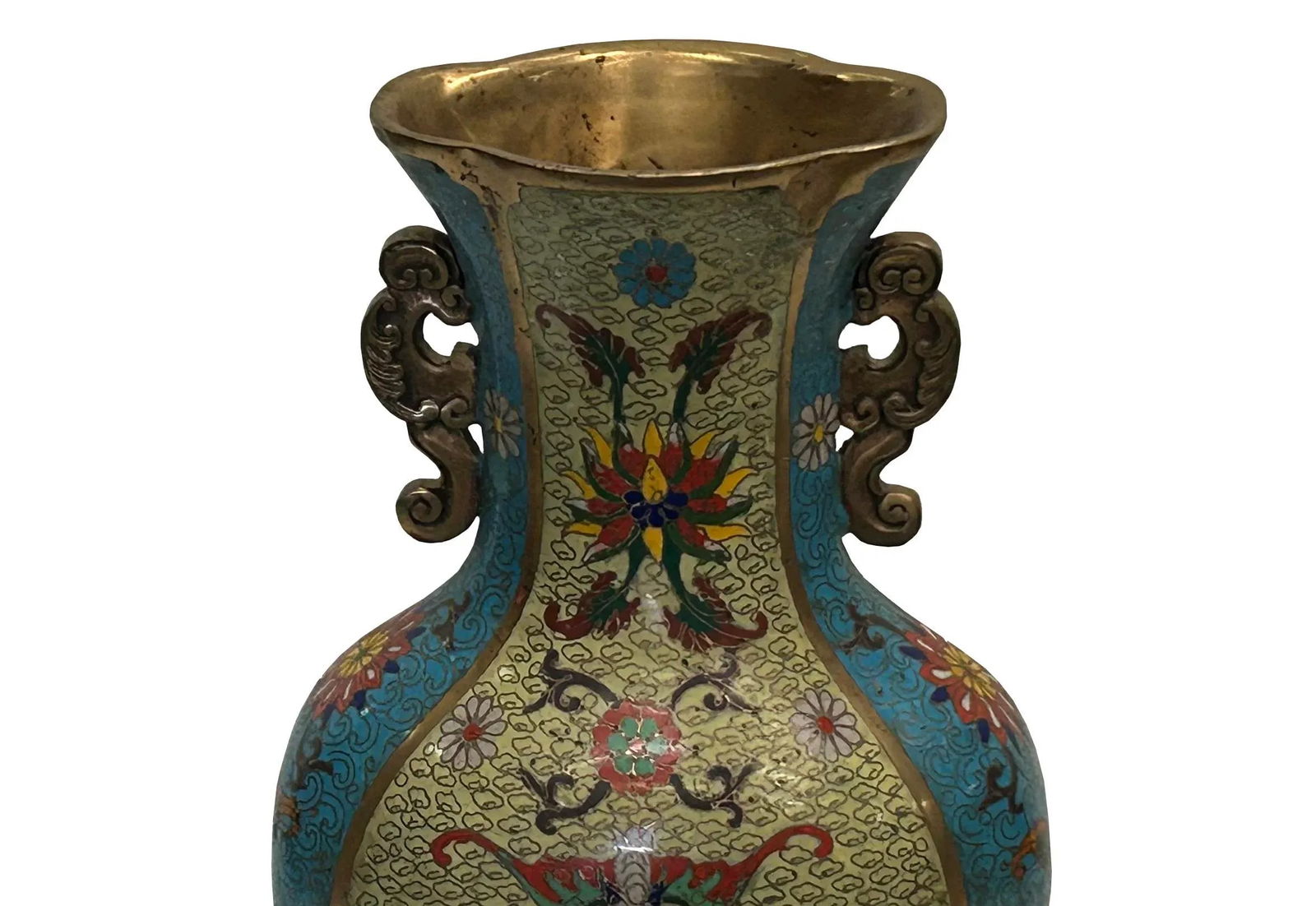 Vintage Cloisonné Vase Dragon Handles and Chinese Floral Motifs - 7