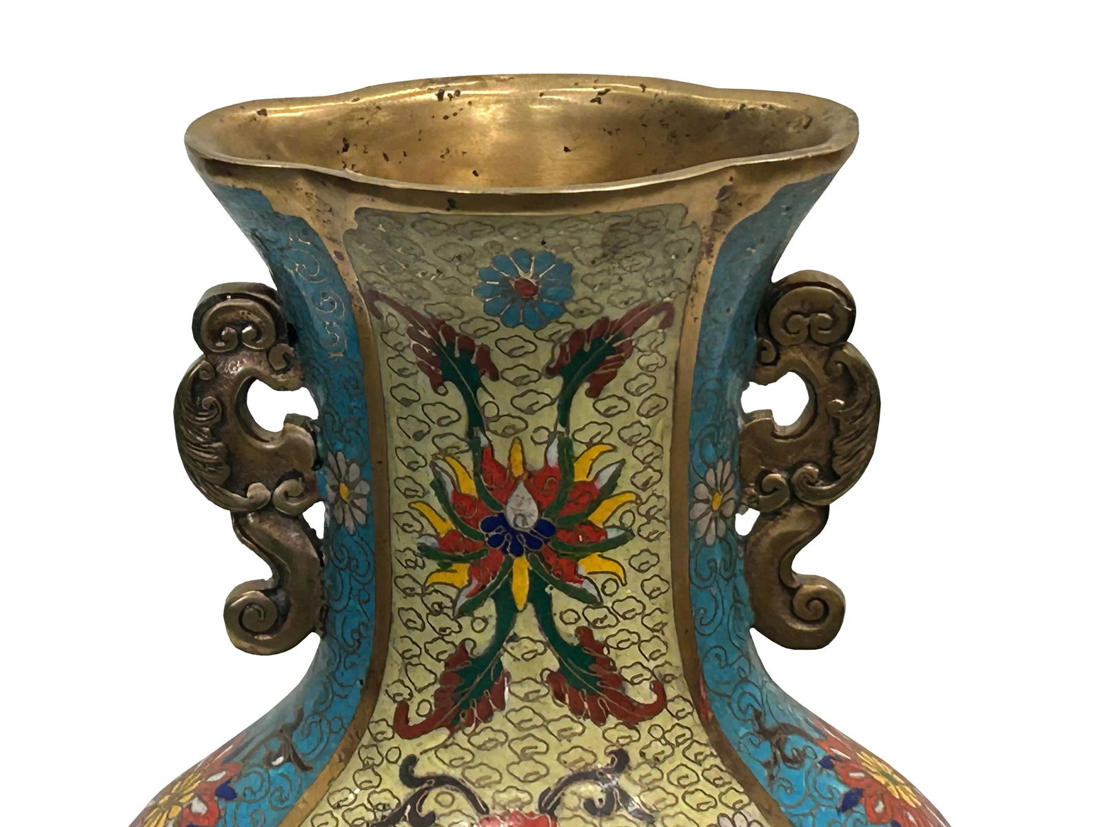 Vintage Cloisonné Vase Dragon Handles and Chinese Floral Motifs - 9