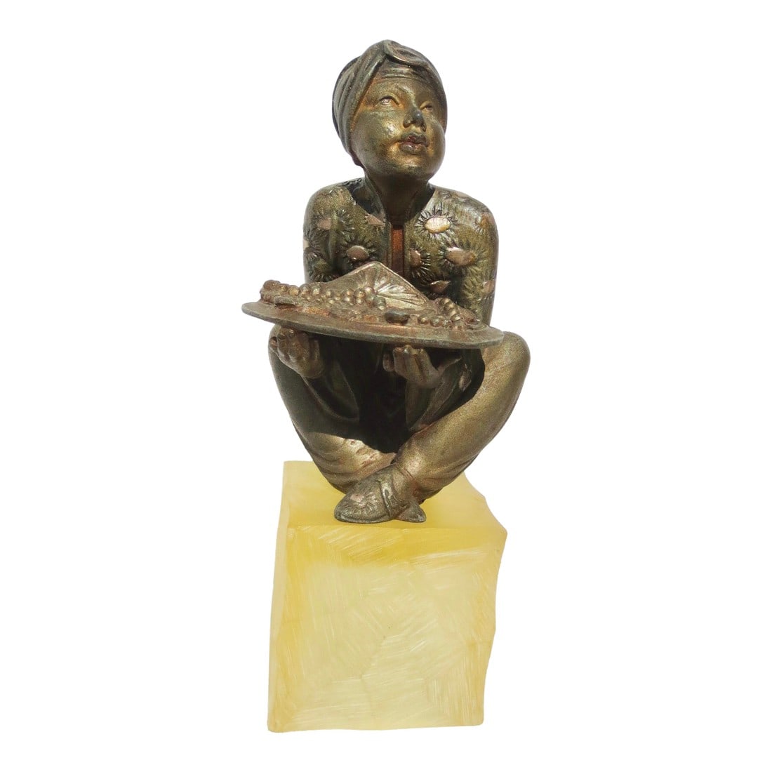 My Jewelry Genie Sculpture: My Jewelry Genie figure for a vanity. French Art Deco fairytales figure cast in white metal/zinc. Perched on a cube with a tray of jewels for you. Very charming and sweet little personal genie,