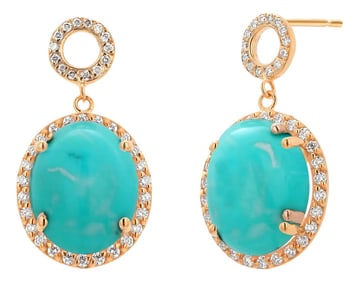14k Yellow Gold Turquoise and Diamond Halo Drop Earrings Turquoise 25.00 Carats, A Pair