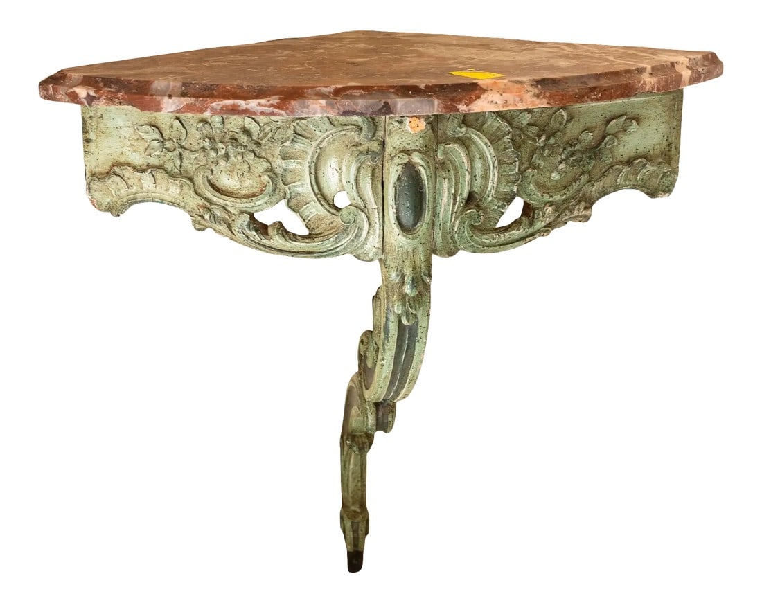 19th Century Green Laquered Wood and Red Marble Corner Console: This 95 degree corner console features beautiful carved wood base lacquered in green, with red marble top. Provenance: a private mansion in Carpentras, France. Condition: Alterations: Unknown