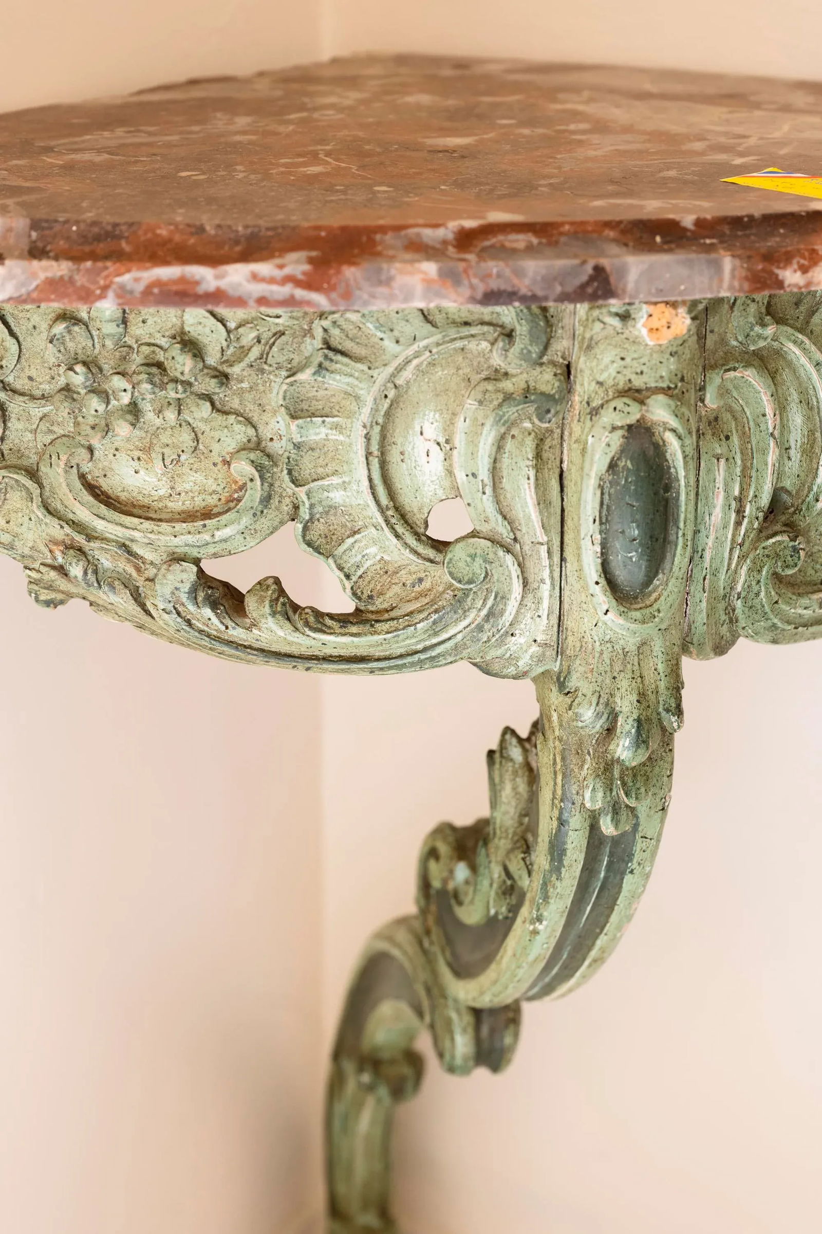 19th Century Green Laquered Wood and Red Marble Corner Console - 3