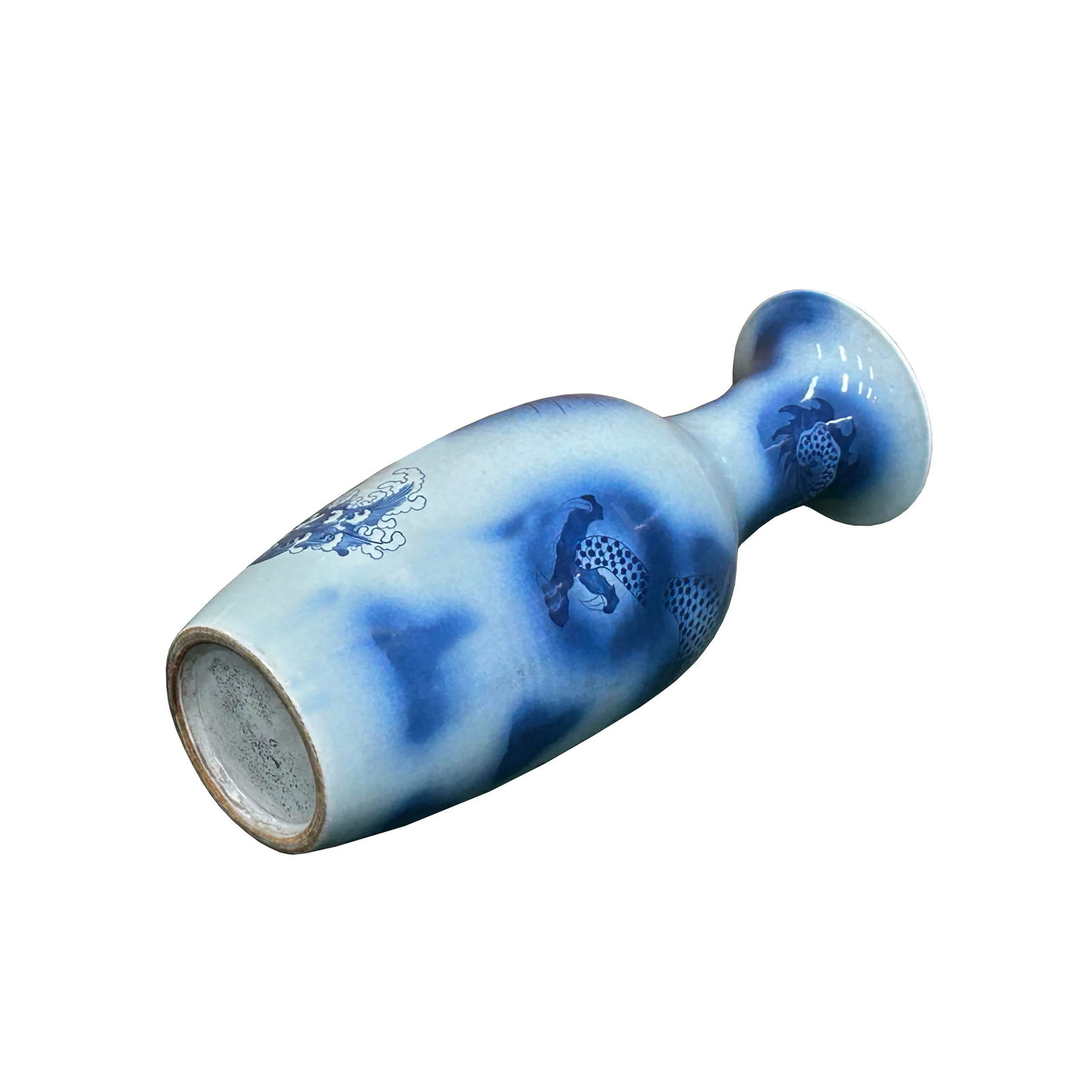 Pair Deep Blue Dragon Koi Fish Graphic Tall Porcelain Art Vases - 13