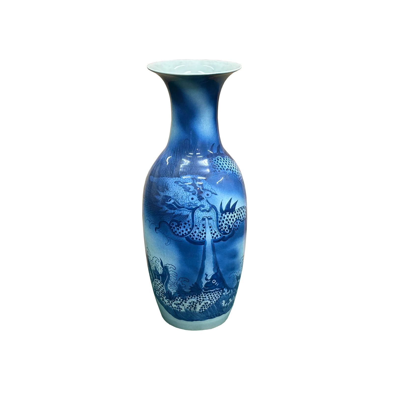 Pair Deep Blue Dragon Koi Fish Graphic Tall Porcelain Art Vases - 7
