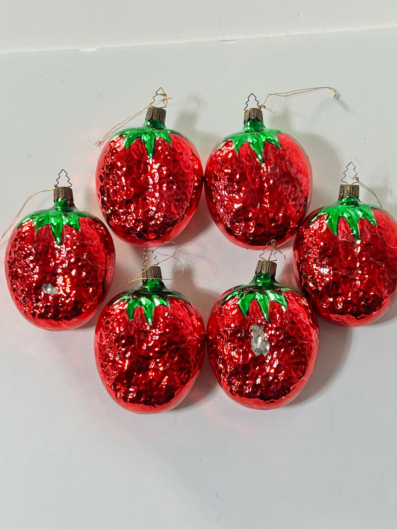 1980s Large Strawberry Mercury Glass Christmas Ornaments 4" - A Set of 6 - 3
