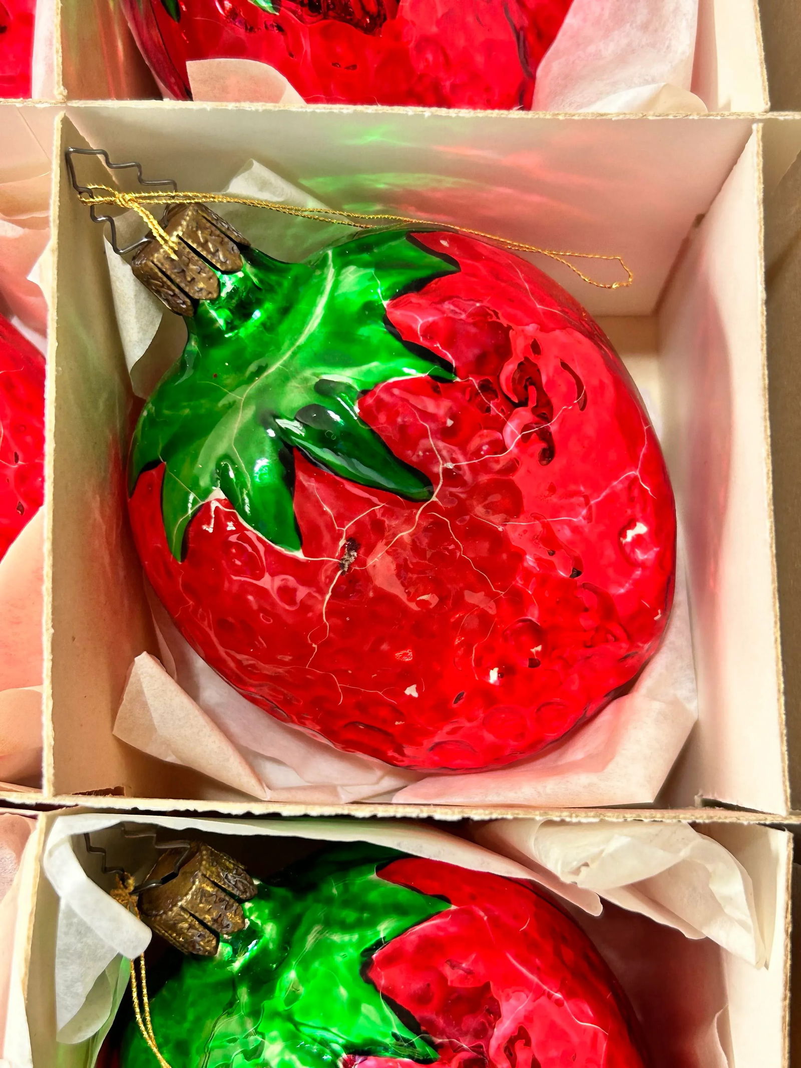 1980s Large Strawberry Mercury Glass Christmas Ornaments 4" - A Set of 6 - 6