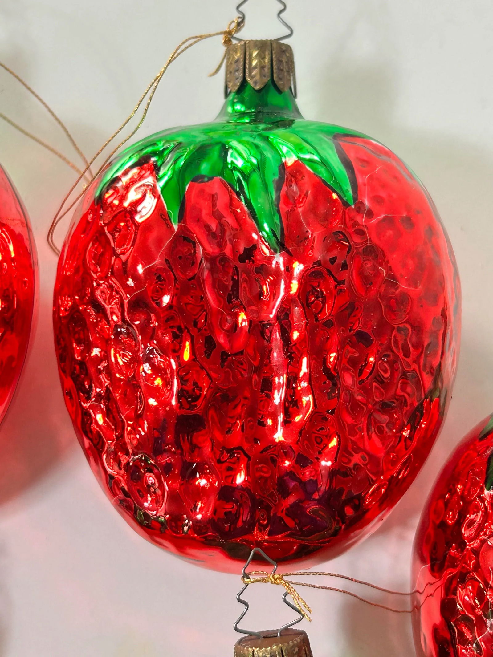 1980s Large Strawberry Mercury Glass Christmas Ornaments 4" - A Set of 6 - 7