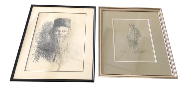 Framed Charcoal Portrait Sketches - A Pair