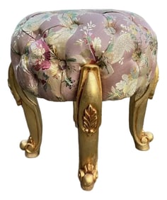 1980s French Louis XVI Gilt Beech Rose Damask Bench Pouf