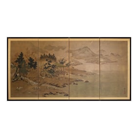 1960s ShÅwa Era Japanese Byobu Screen "Landscape With Gazebo"