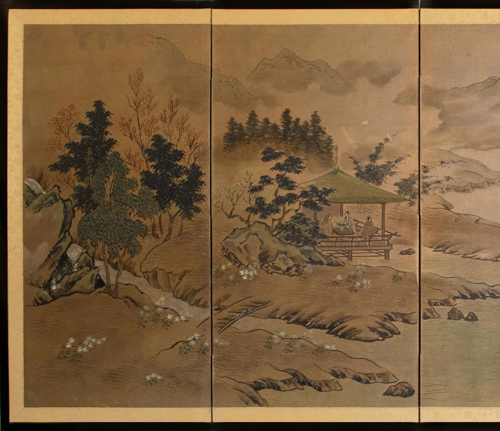 1960s ShÅwa Era Japanese Byobu Screen "Landscape With Gazebo" - 2
