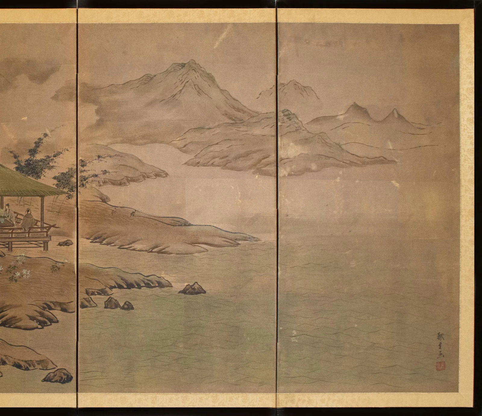 1960s ShÅwa Era Japanese Byobu Screen "Landscape With Gazebo" - 3