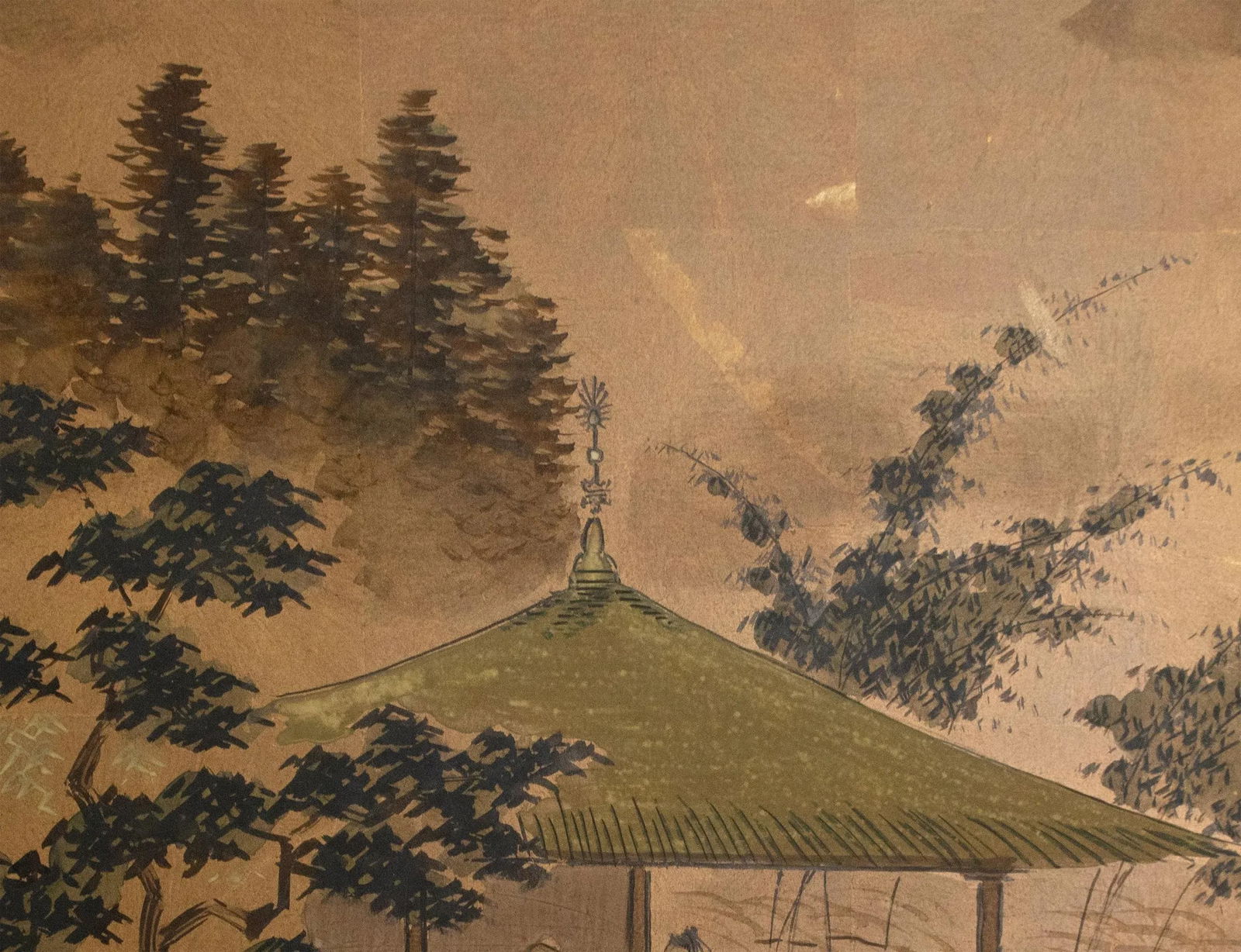 1960s ShÅwa Era Japanese Byobu Screen "Landscape With Gazebo" - 5