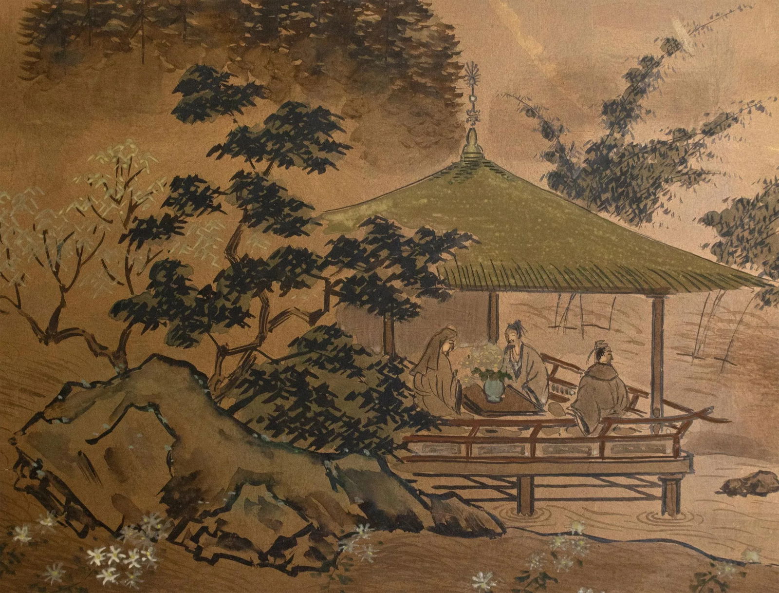 1960s ShÅwa Era Japanese Byobu Screen "Landscape With Gazebo" - 6