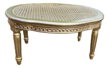 1950s French Louis XVI Gold Leaf Beech Cane Coffee Table