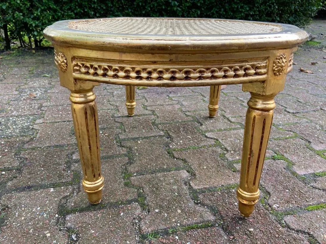 1950s French Louis XVI Gold Leaf Beech Cane Coffee Table - 4