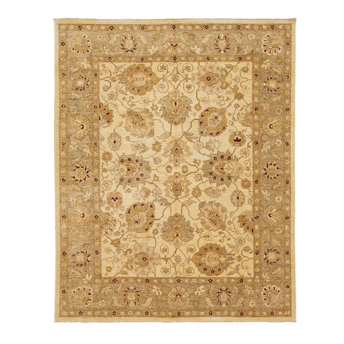 Floral Designed Modern Paki Peshawar Wool Rug Handmade in Beige: Handmade Peshawar wool rug featuring a beige field with gold and red floral accents. This rug measures 7'11" x 10'. Condition: Imperfections: No Imperfections Dimensions: Height: 0.25 in. Width: