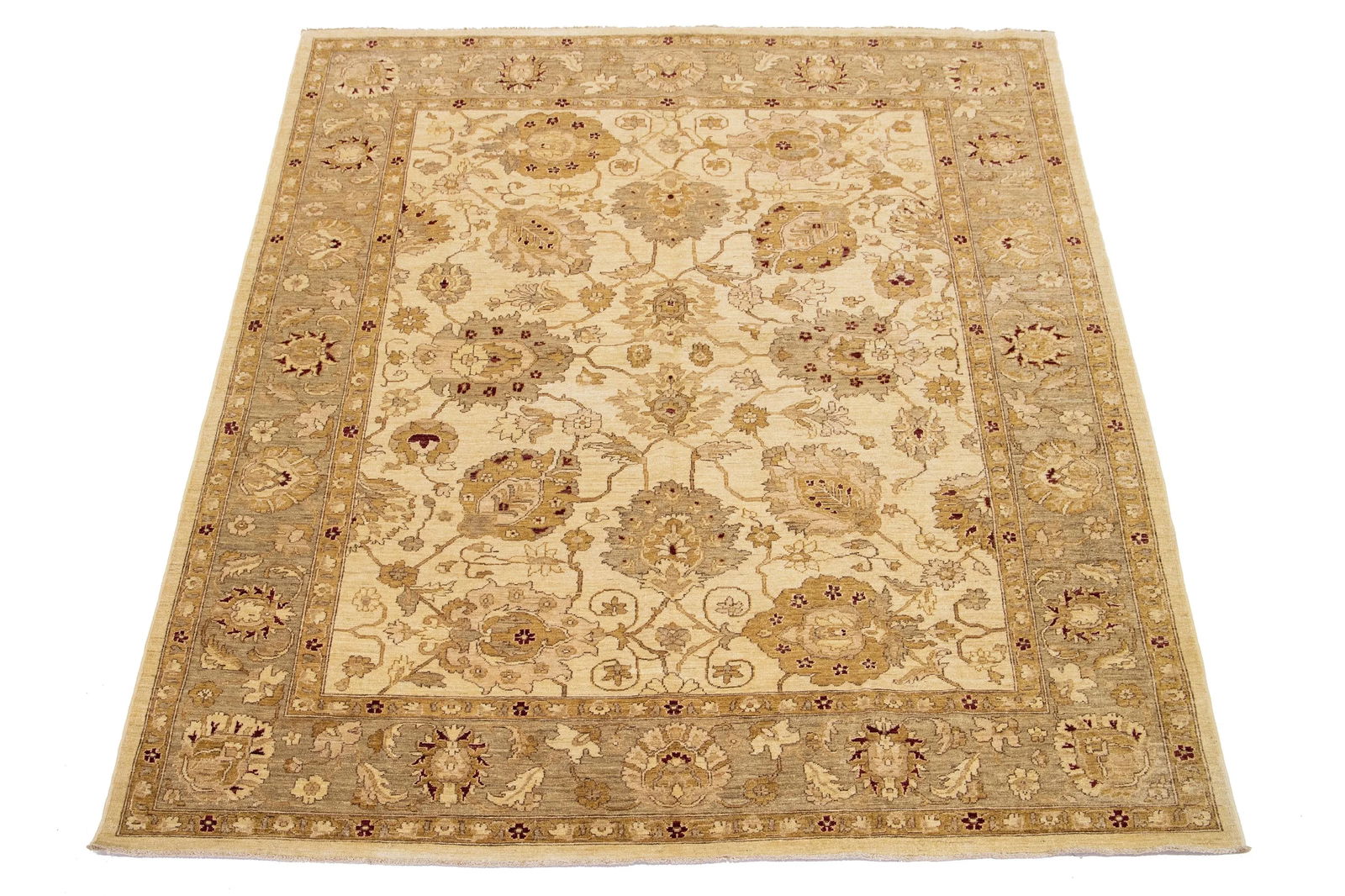 Floral Designed Modern Paki Peshawar Wool Rug Handmade in Beige - 2