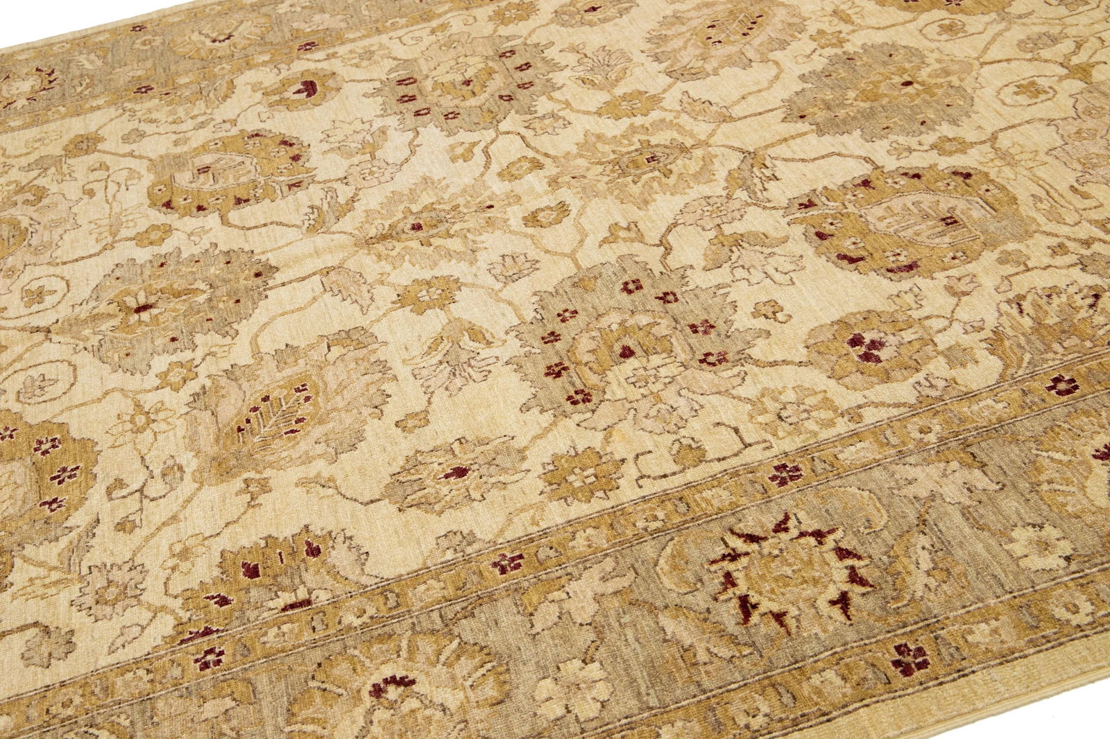 Floral Designed Modern Paki Peshawar Wool Rug Handmade in Beige - 7
