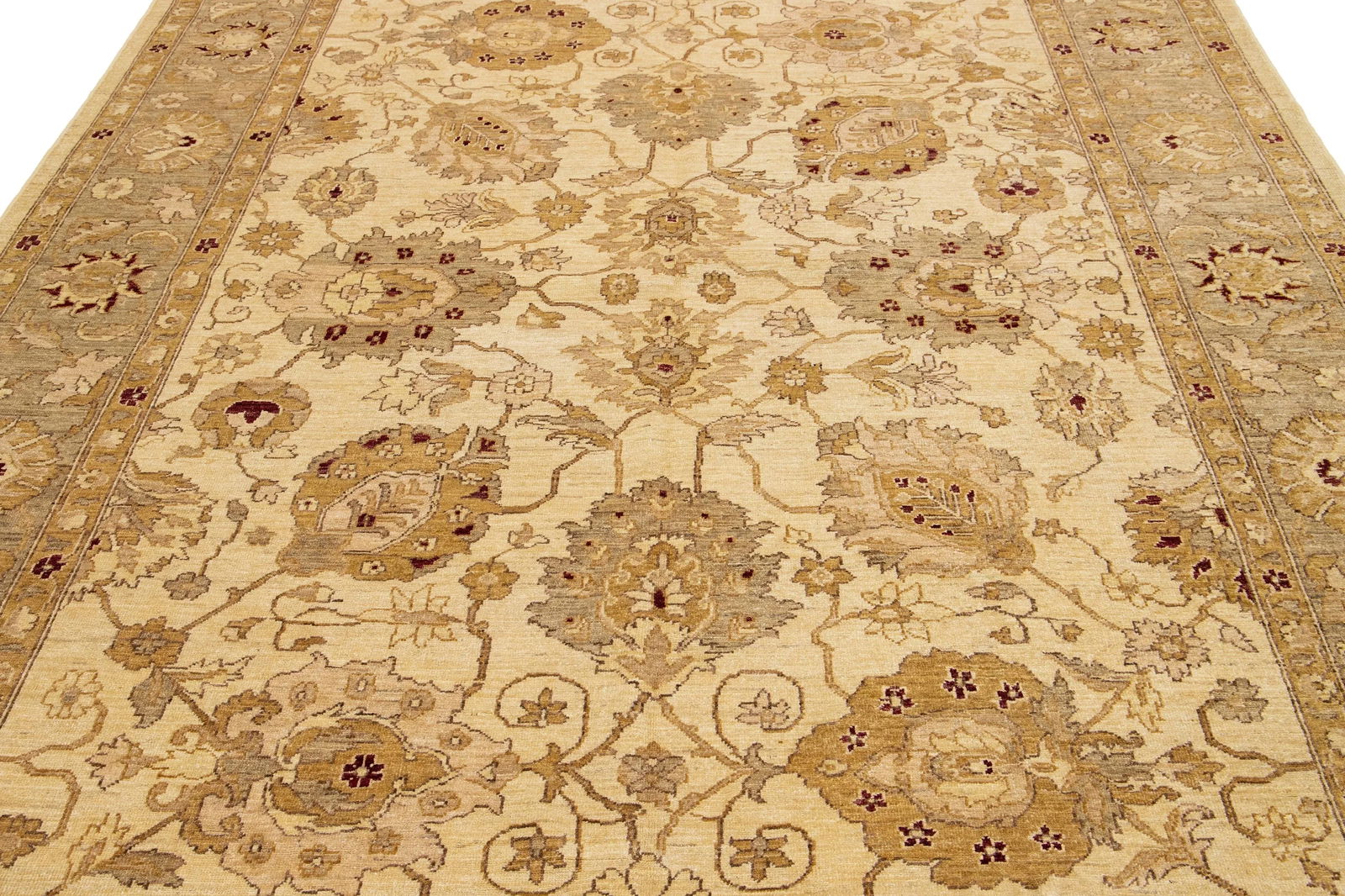 Floral Designed Modern Paki Peshawar Wool Rug Handmade in Beige - 8