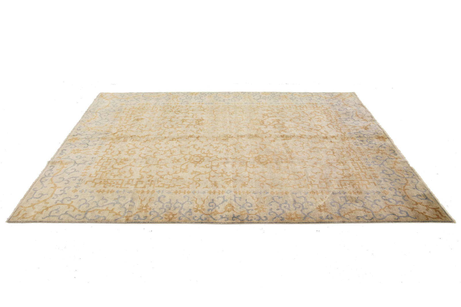 Contemporary Sino Wool Rug Handmade in Beige Allover Pattern - 10