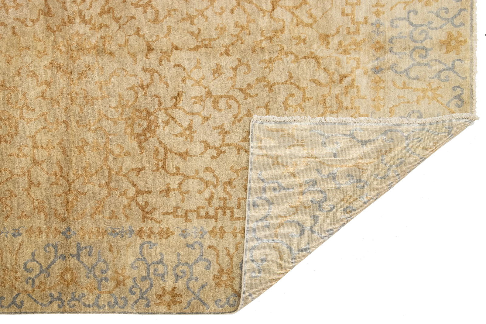 Contemporary Sino Wool Rug Handmade in Beige Allover Pattern - 3