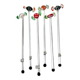 1980s Murano Style Glass Candy Christmas Cocktail Swizzle Stir Sticks - A Set of 6