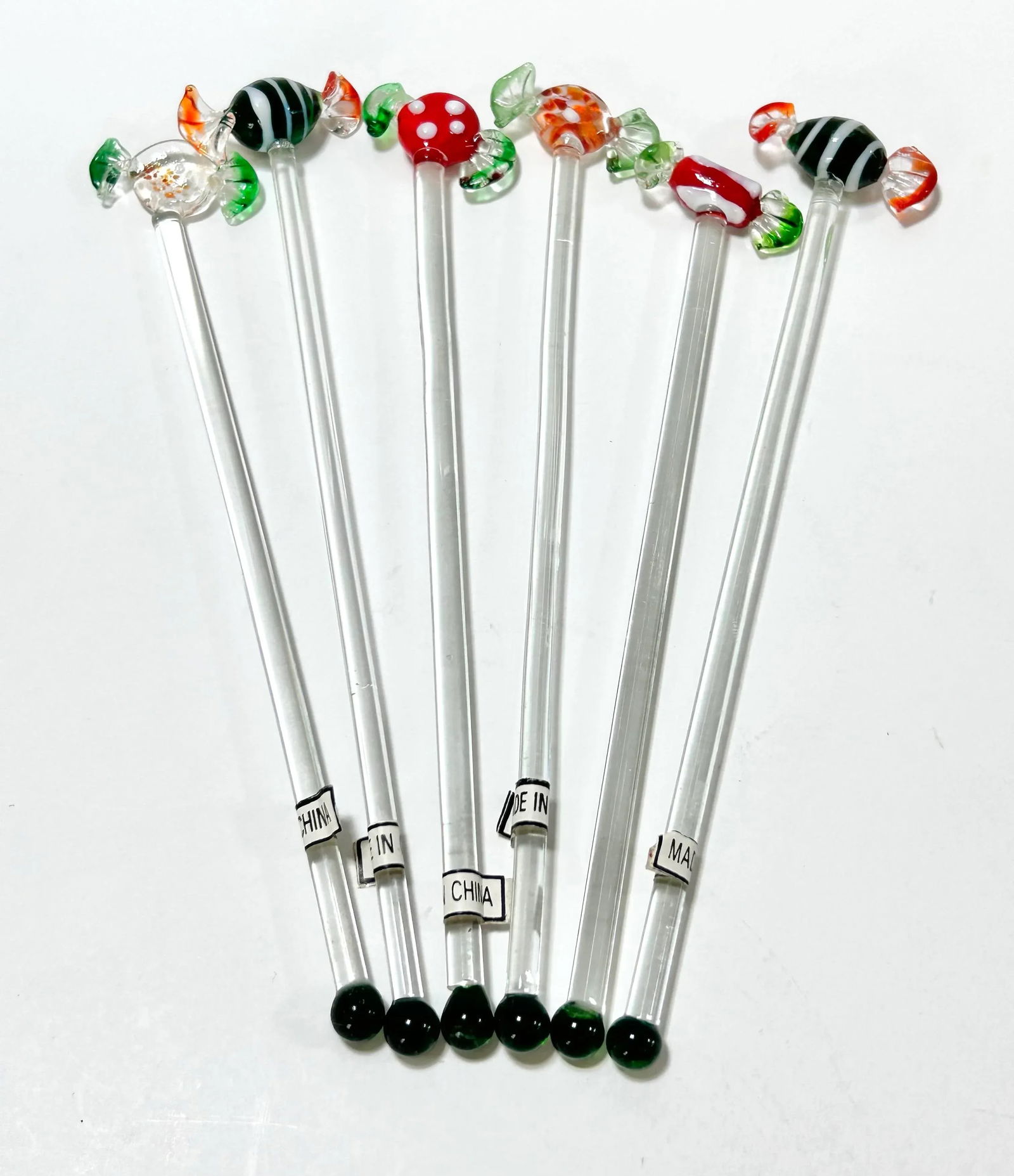 1980s Murano Style Glass Candy Christmas Cocktail Swizzle Stir Sticks - A Set of 6 - 2
