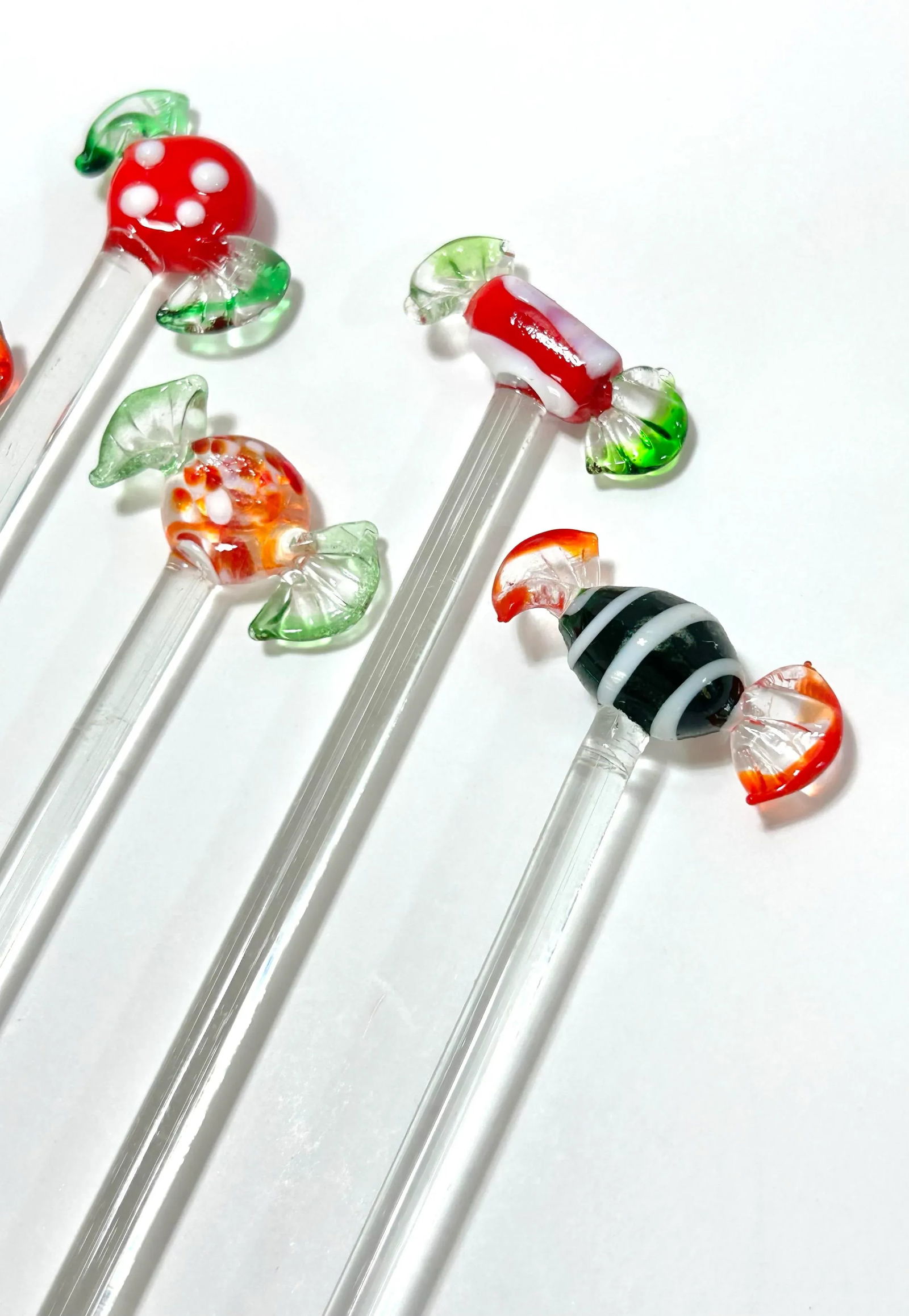1980s Murano Style Glass Candy Christmas Cocktail Swizzle Stir Sticks - A Set of 6 - 3