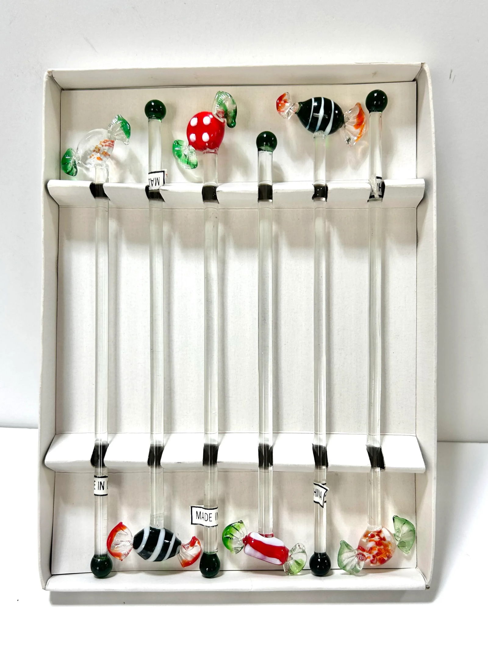 1980s Murano Style Glass Candy Christmas Cocktail Swizzle Stir Sticks - A Set of 6 - 6
