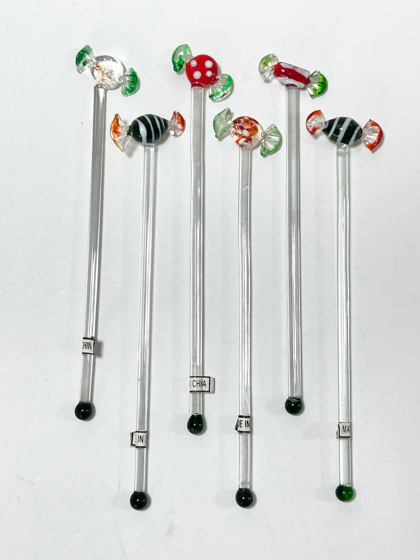 1980s Murano Style Glass Candy Christmas Cocktail Swizzle Stir Sticks - A Set of 6 - 7