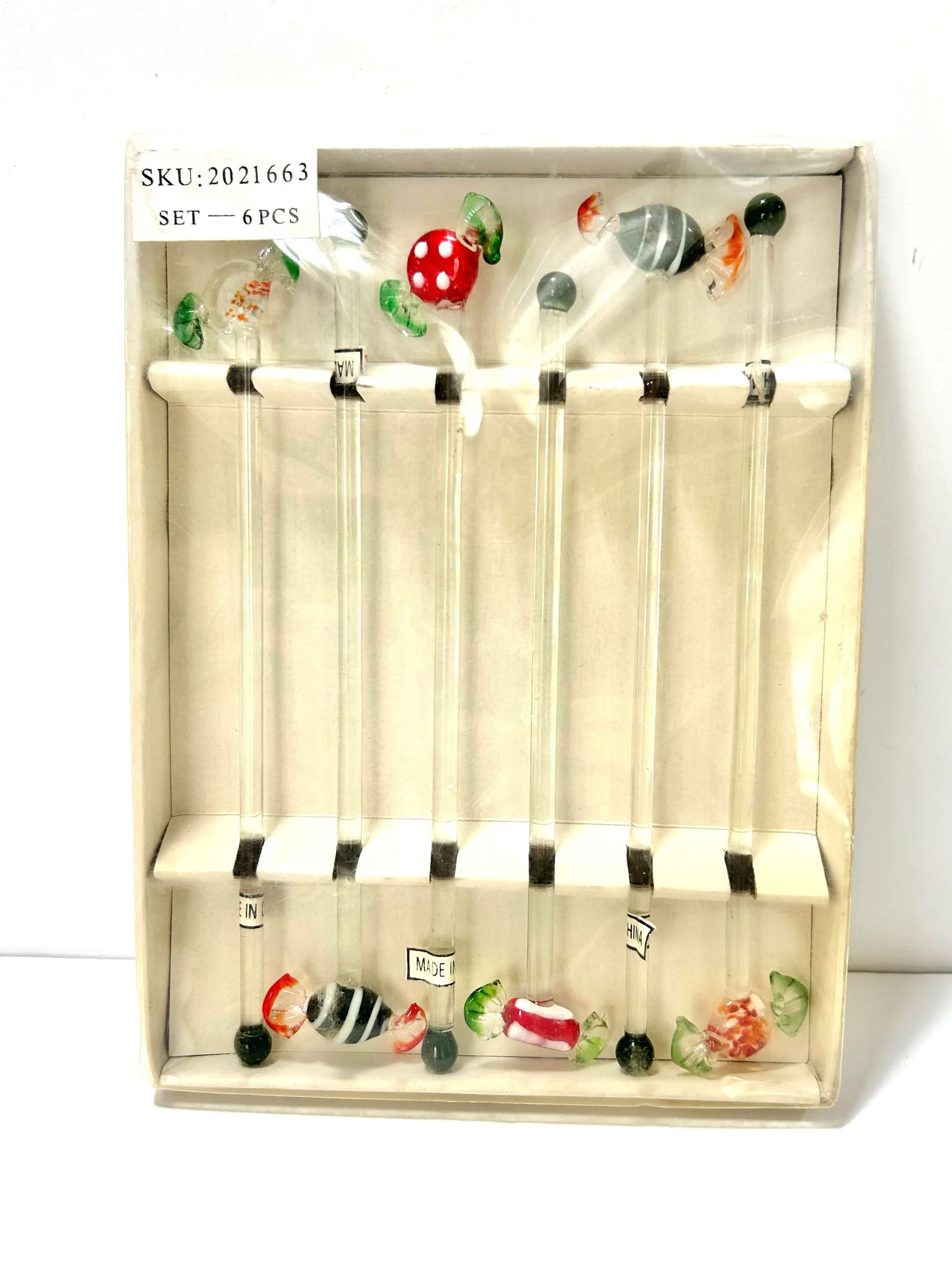 1980s Murano Style Glass Candy Christmas Cocktail Swizzle Stir Sticks - A Set of 6 - 9
