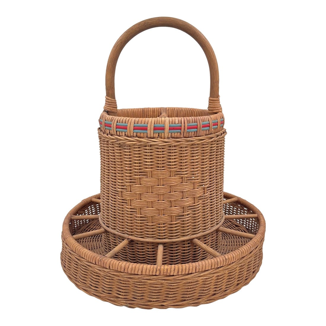 Vintage Wicker Drinks Basket, Picnic Basket, Tailgate Basket, Drinks Server, Wine Rack, Light Blue a: This woven willow wicker drinks basket features a charming red and light blue woven pattern along the top edge. Ole Miss fan, anyone? It has a central partition that holds four bottles and a