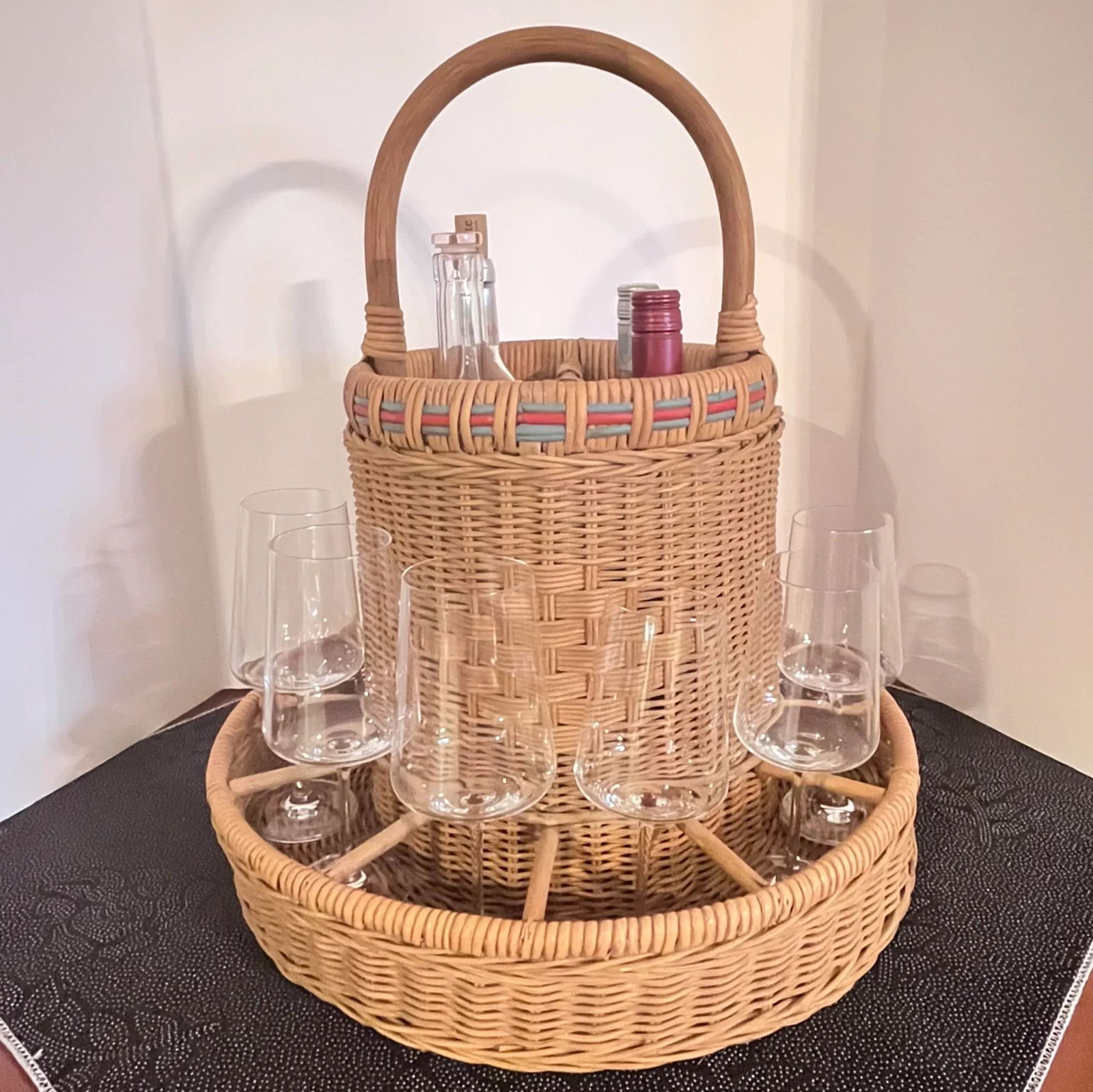 Vintage Wicker Drinks Basket, Picnic Basket, Tailgate Basket, Drinks Server, Wine Rack, Light Blue a - 2