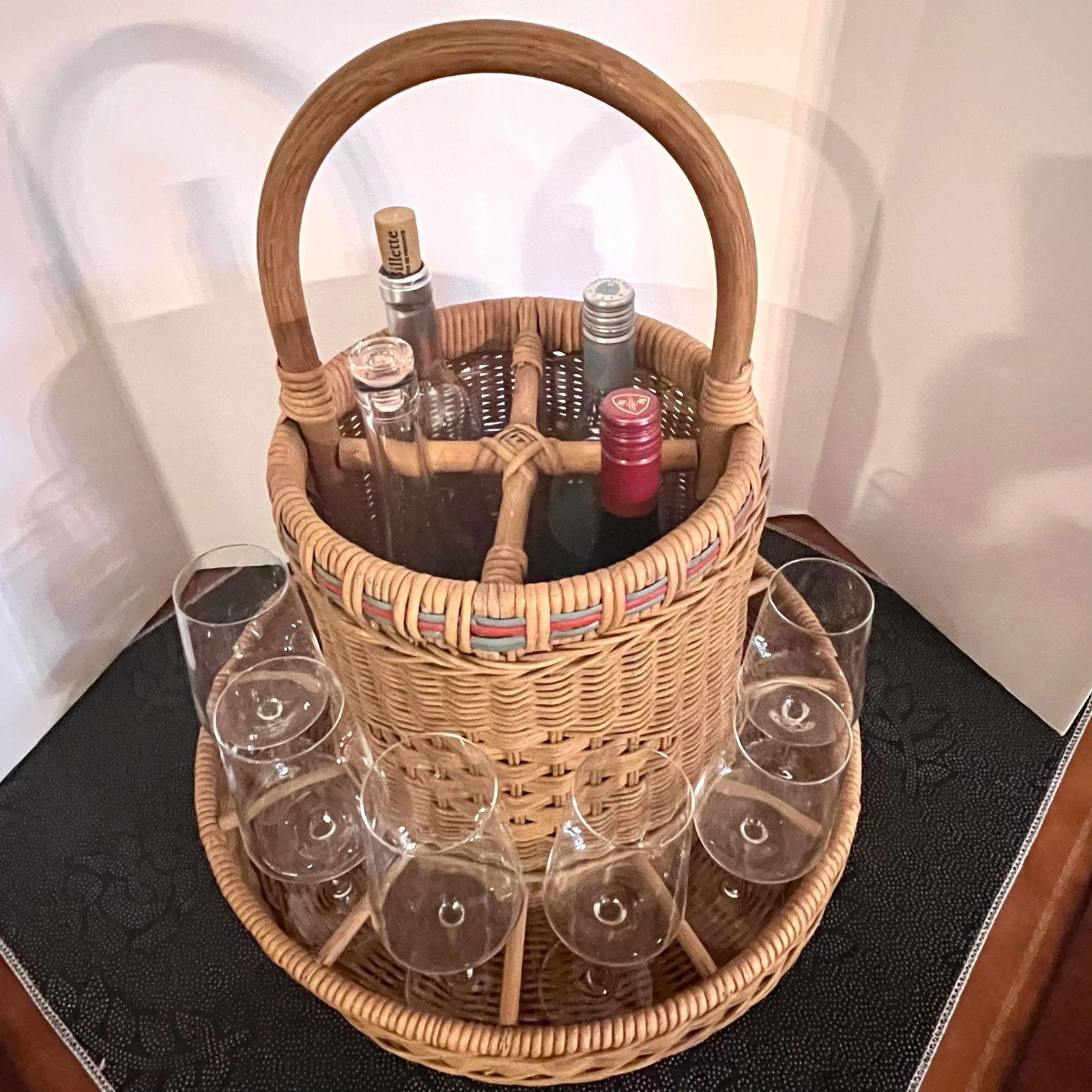 Vintage Wicker Drinks Basket, Picnic Basket, Tailgate Basket, Drinks Server, Wine Rack, Light Blue a - 3