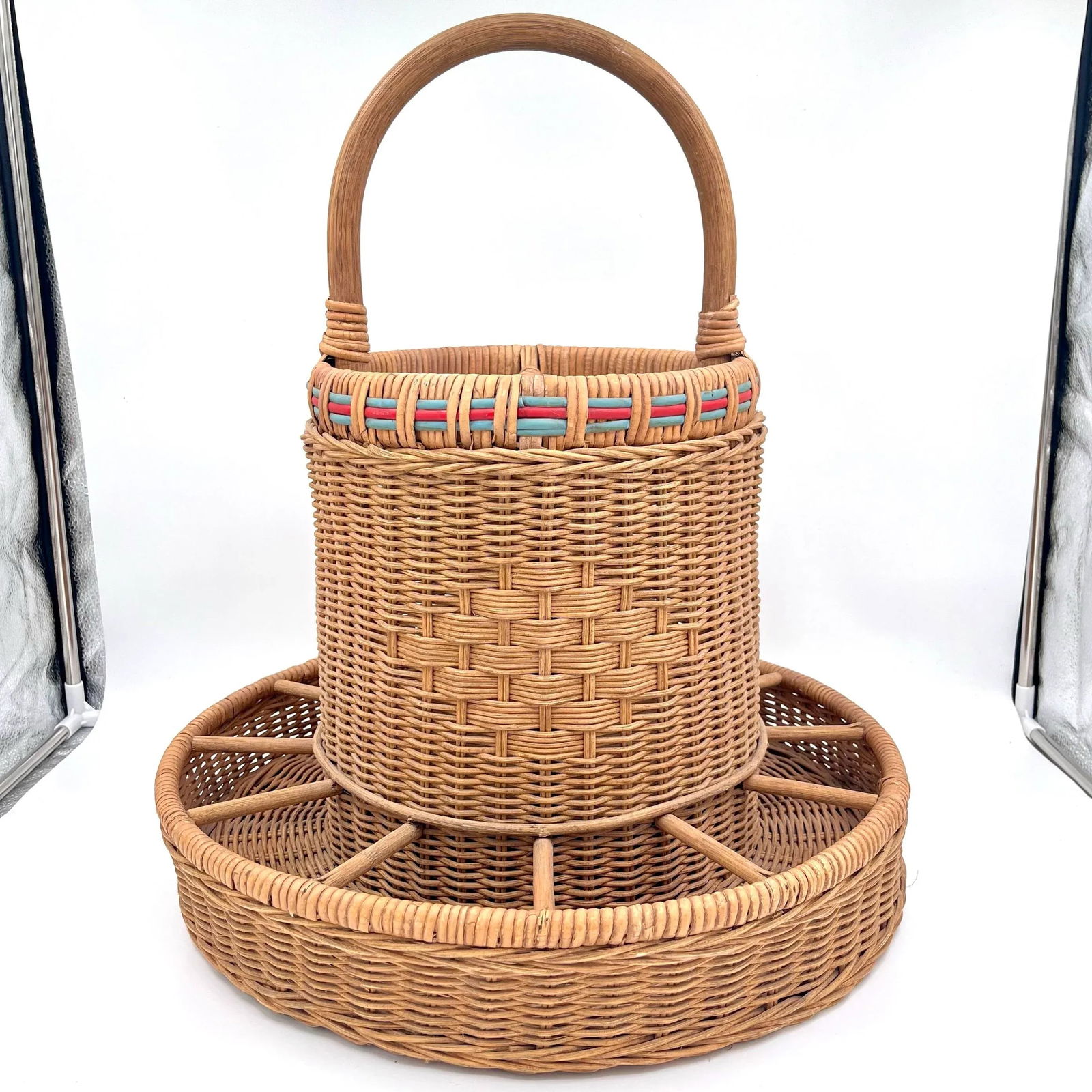 Vintage Wicker Drinks Basket, Picnic Basket, Tailgate Basket, Drinks Server, Wine Rack, Light Blue a - 7