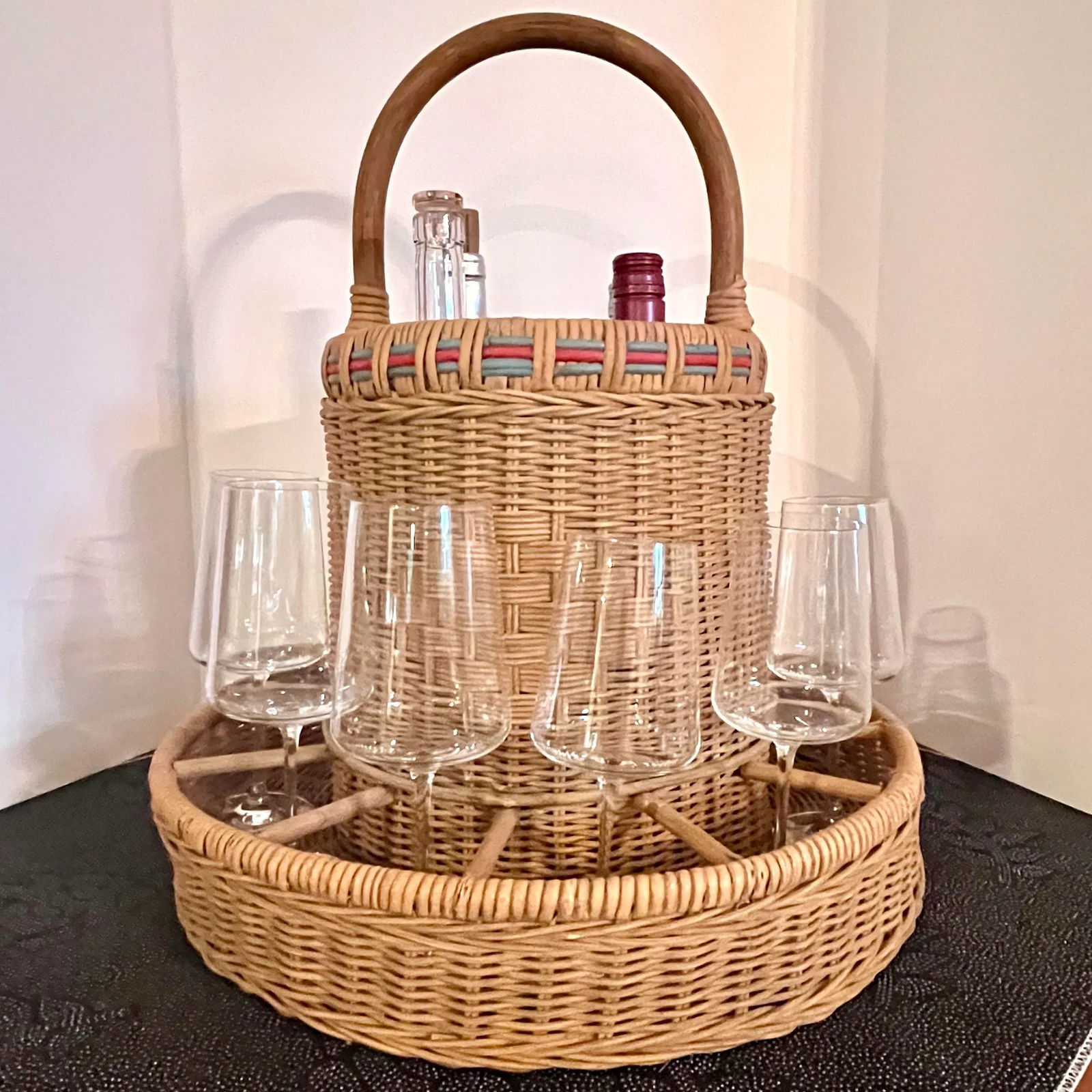 Vintage Wicker Drinks Basket, Picnic Basket, Tailgate Basket, Drinks Server, Wine Rack, Light Blue a - 9