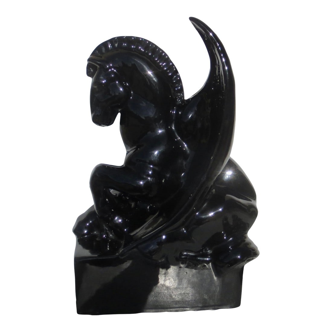 Vintage 70s Black Pegasus T v Lamp: Vintage T V Lamp in the form of Black Pegasus, striking in glossy black glaze over a ceramic body, glazed inside and out. The Figure is shown in the heroic form of the classic Trojan Horse with a cut