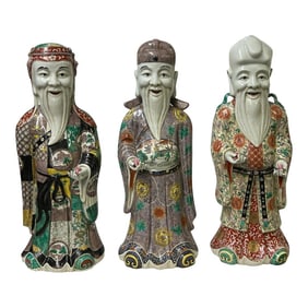 Chinese Canton Color Mixed Feng Shui Fok, Lok, Sau Figure Set