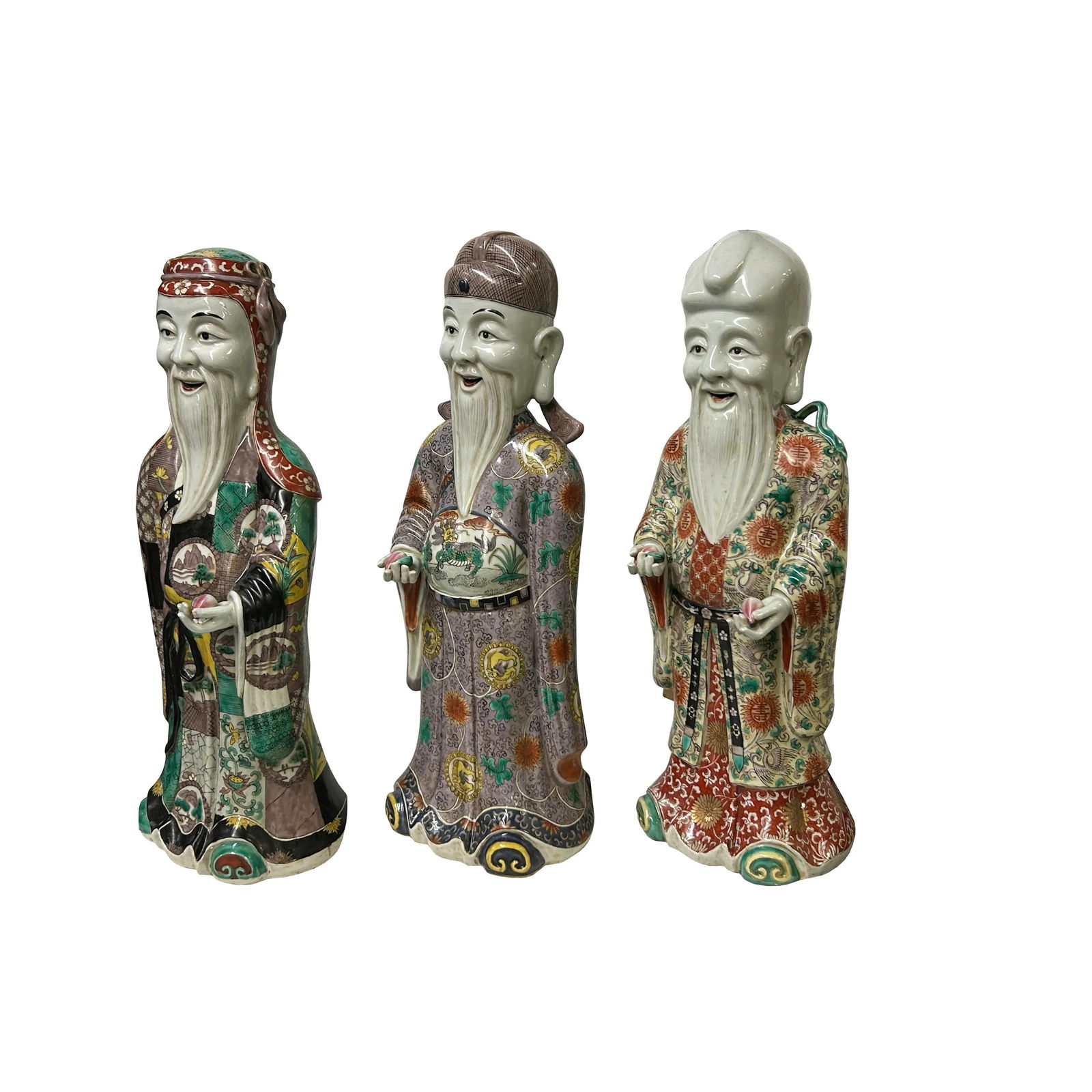 Chinese Canton Color Mixed Feng Shui Fok, Lok, Sau Figure Set - 4