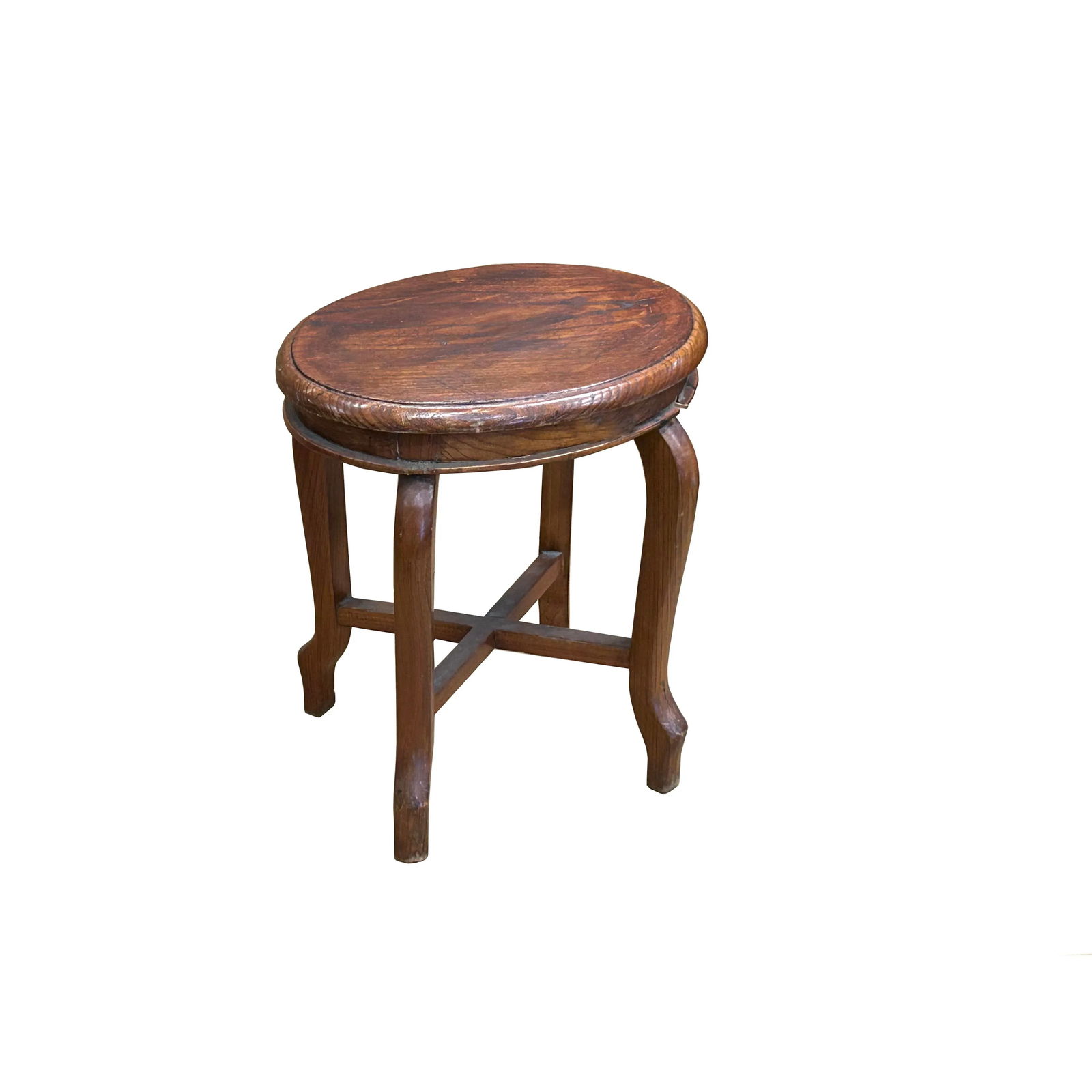 Vintage Oriental Oval Brown Cross 4 Legs Wood Stool - 2