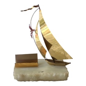 1970s Brass Sailboat Business Card Holder With Marble Base