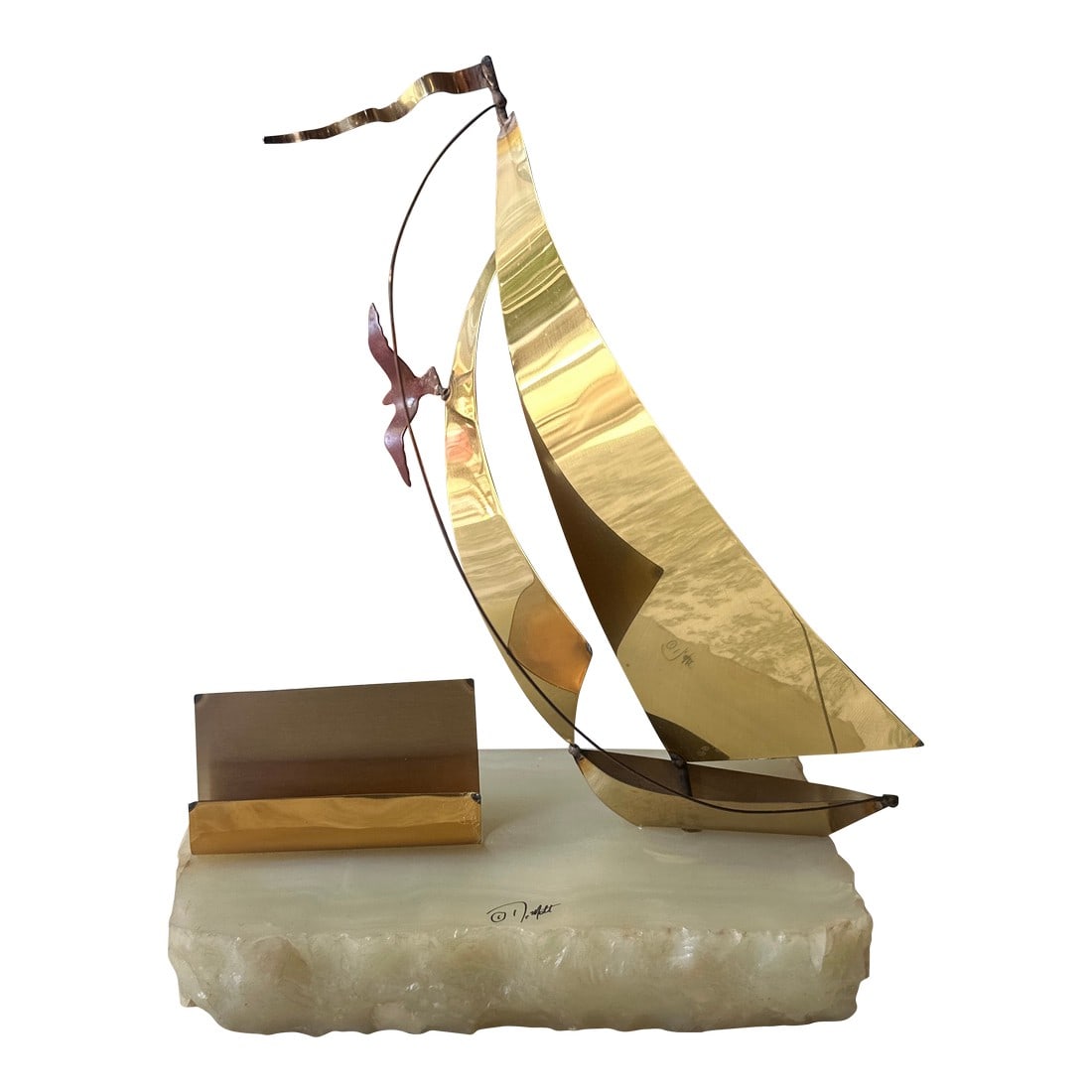 1970s Brass Sailboat Business Card Holder With Marble Base: Up for consideration is a beautiful vintage brass sailboat business card holder with a marble base. This would look lovely in your office space and adds both style and is functional. This is also a