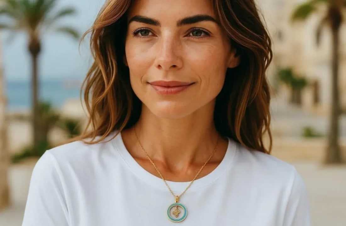 18k Yellow Gold Aaron Basha Vintage Diamond Enamel Hamsa Charm Necklace Pendant - 2