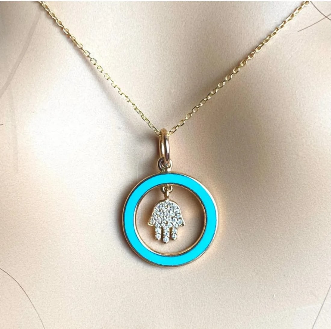 18k Yellow Gold Aaron Basha Vintage Diamond Enamel Hamsa Charm Necklace Pendant - 4