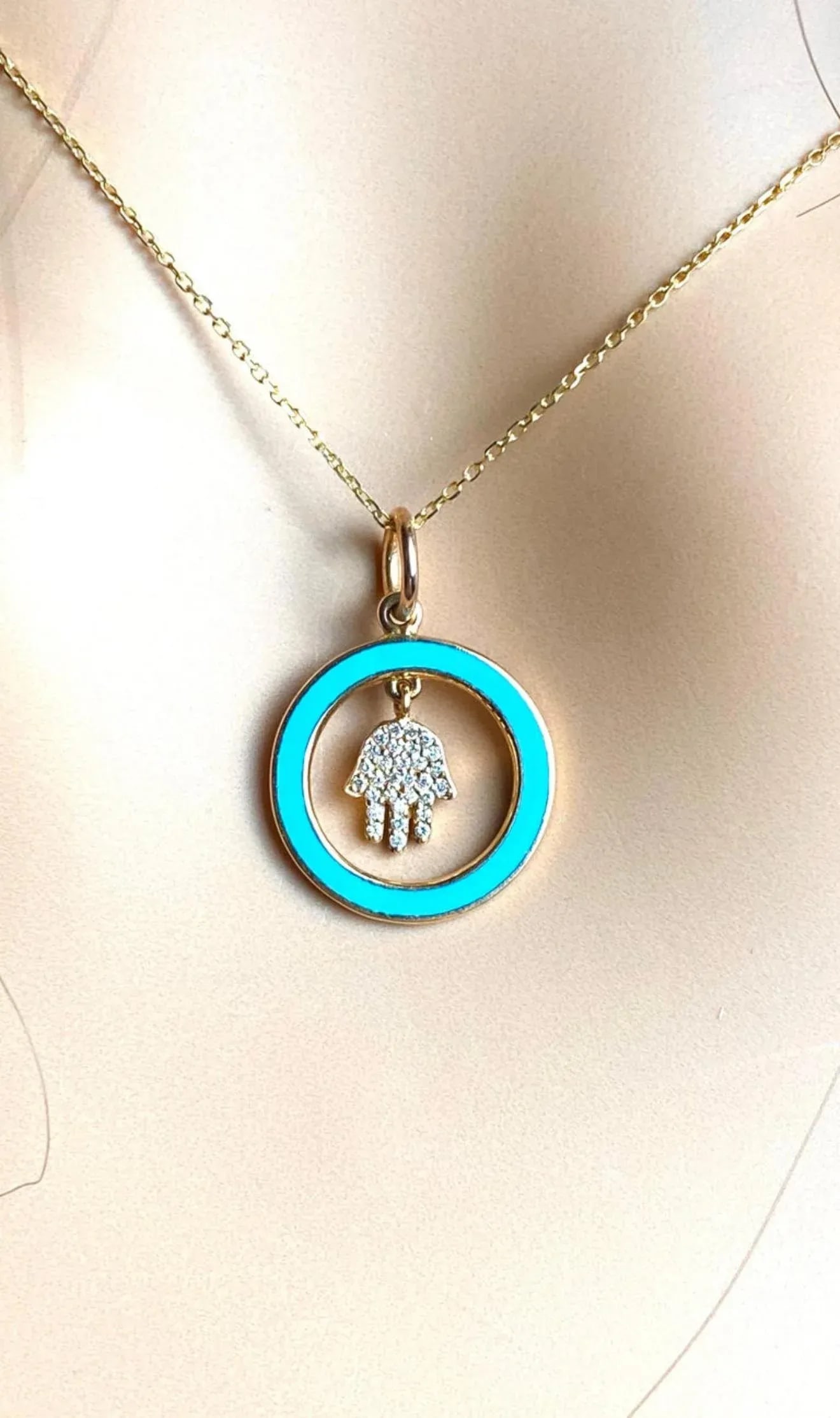 18k Yellow Gold Aaron Basha Vintage Diamond Enamel Hamsa Charm Necklace Pendant - 8