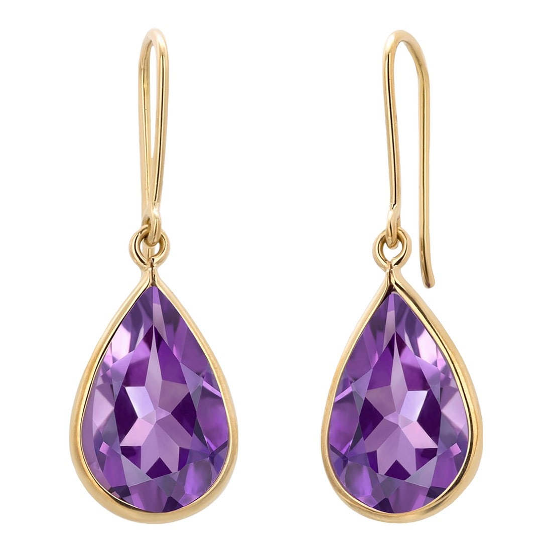 14k Yellow Gold Pear-Shaped Amethyst Shepherd Hoop Drop Earrings, A Pair: Vibrant Fusion of Color and Classic Elegance Elevate your style with these 14K Yellow Gold Drop Earrings, showcasing matching pear-shaped amethysts that beautifully catch and reflect light. Their