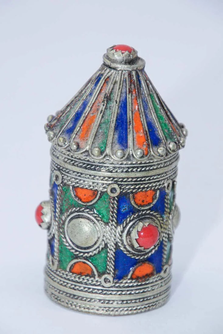 Antique Silver Enameled Kohl Container Box From Kabylie, Algeria - 2